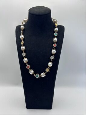 Necklace Gold Tone Multicolor Rhinestone Imitation Pearl Beaded Statement 19 In